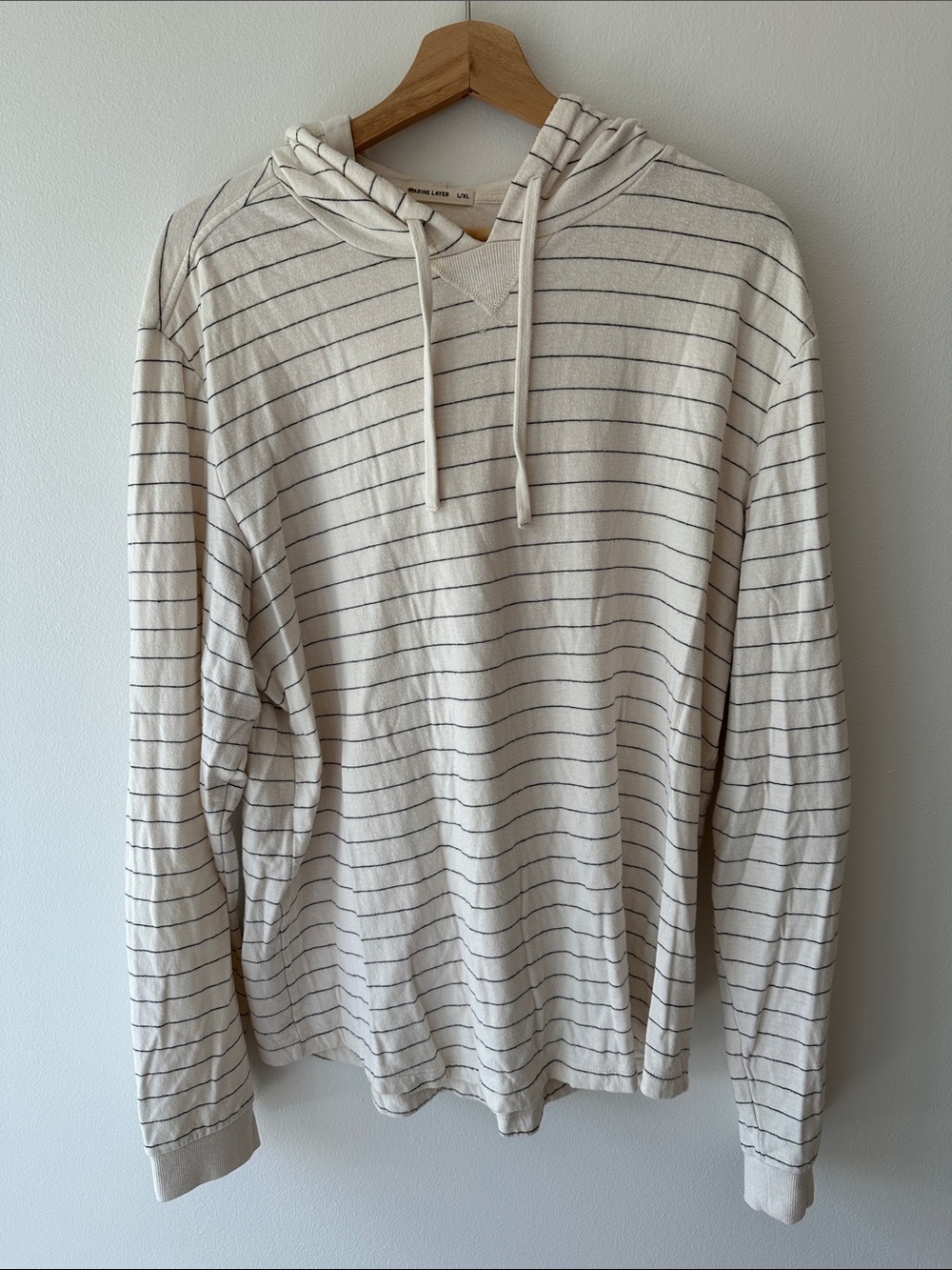 Marine Layer Light Cream Striped Hooded Long-Sleeve Shirt